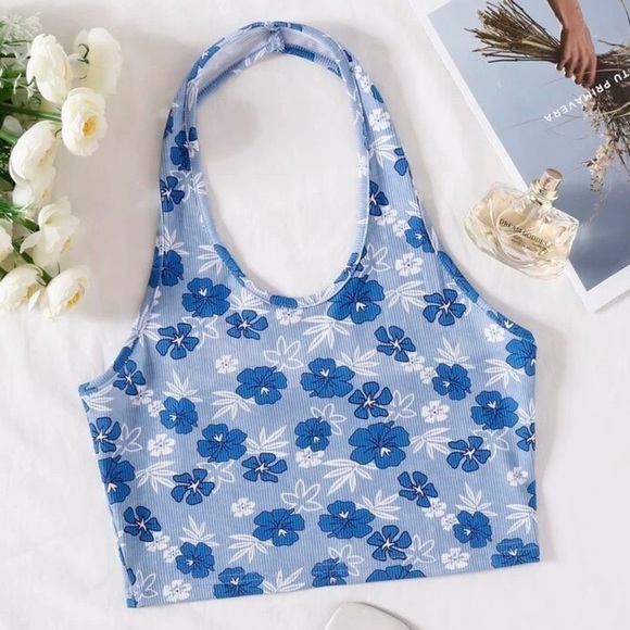 SET of 2 Floral Print Rib Knit Halter Crop Top Blue Pink Hibiscus Hawaii Summer - Picture 4 of 13